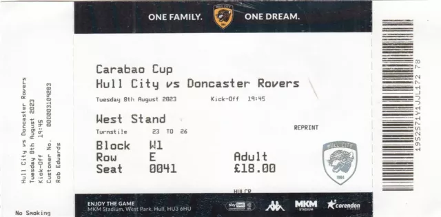 Ticket - Hull City v Doncaster Rovers 08.08.23 League Cup