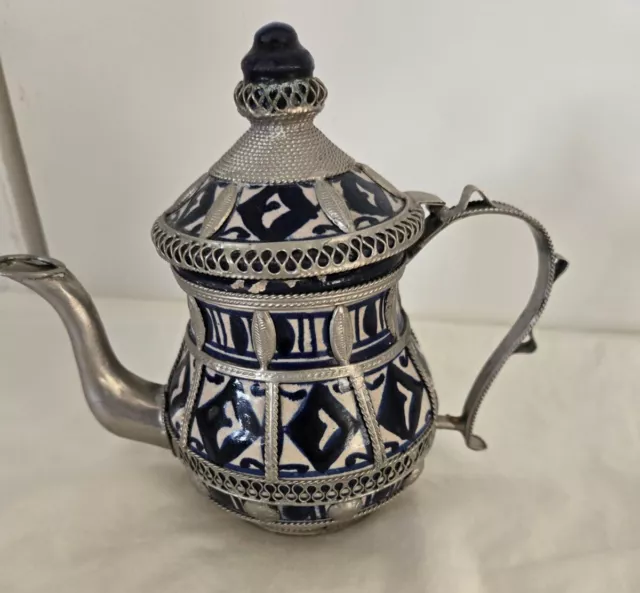 Moroccan Teapot Cobalt Fez Blue  Silver Tone Marked READ See Pics