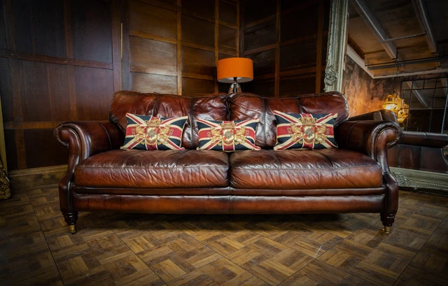 Victorian Style Antique Tan Brown Leather Chesterfield Suite 3 Seater Club Sofa