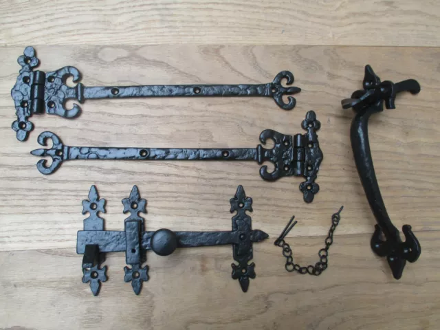 Old English Cast Iron Suffolk Cottage Latch + Fancy Door Gate Tee T Hinges Set