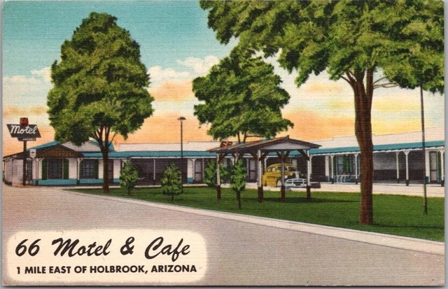1950s HOLBROOK, Arizona Postcard 66 MOTEL & CAFE Route 66 Roadside Linen Unused