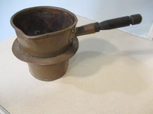 Antique Primitive Copper Melting Pouring Pot With Wooden Handle Circa 1890'S