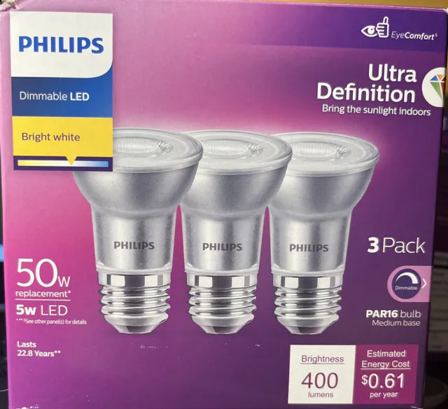 Philips 3pk 50w Par16 Medium Base LED 5w Dimmable Ultra Definition New
