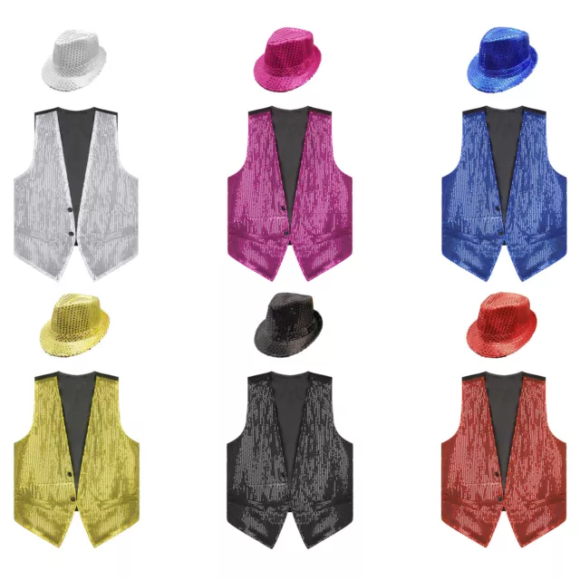 Mens Waistcoat With Hat Sleeveless Costume Outfits Sequins Dance Vest Set Jazz