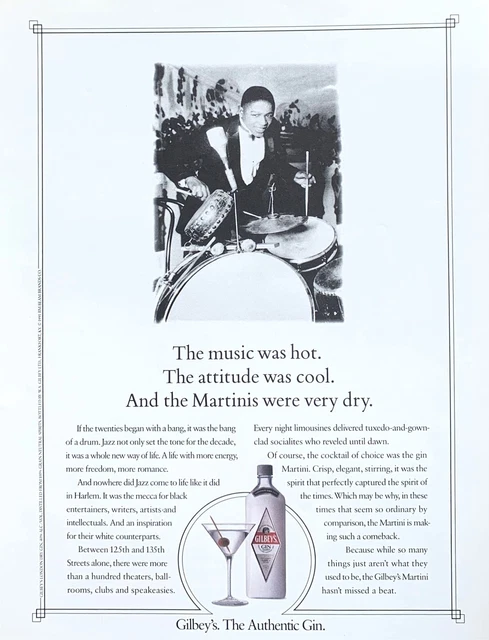1991 GILBEY'S GIN Jazz Harley The Gilbey's Martini Didn't Miss a Beat PRINT AD