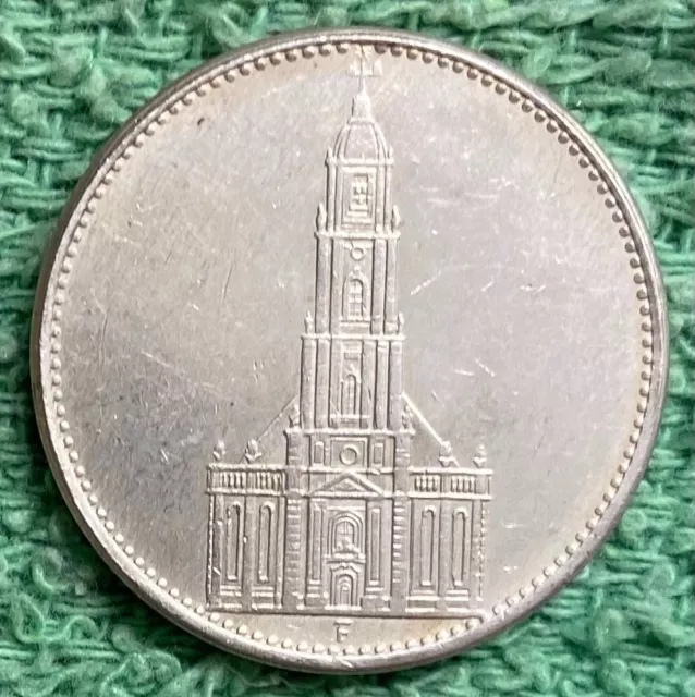 1935-F GERMAN Third Reich 5 Mark Reichsmark Potsdam Garrison Church SILVER #7499