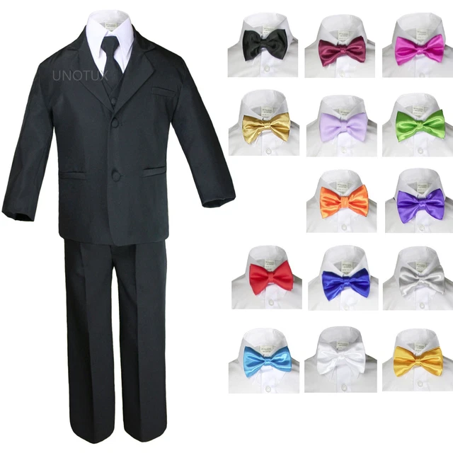 6pc Baby Boy Kid Teen Extra Bow tie Wedding Formal BLACK Vest Necktie Suits S-20