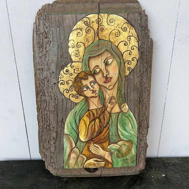 Hand Painted Reigious Wooden Plaque Mary & Jesus Folk Art Icon