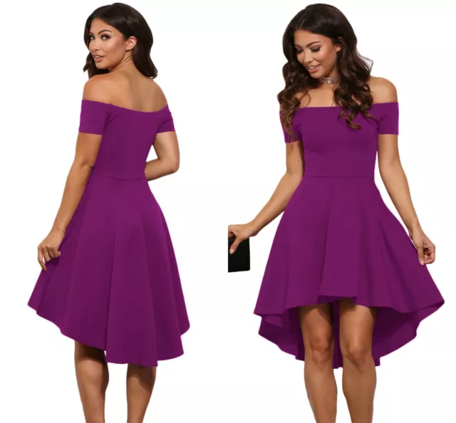 Flared Swing Skater Skirt Dress Ladies Off Shoulder Rose Evening  8 10 12 14 16