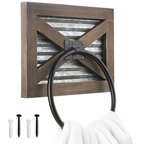 Farmhouse Bathroom Rustic Towel Ring with Galvanized Metal& Black Warm Brown