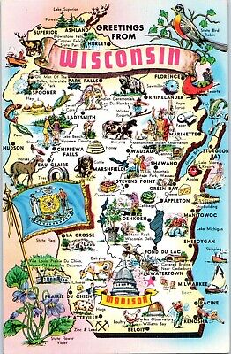 Greetings From Wisconsin w/ Map The Badger State Postcard