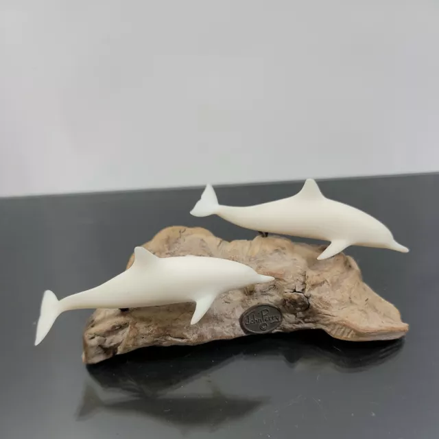 Vintage John Perry Dolphins Sculpture Figure Burl Wood White Dolphins