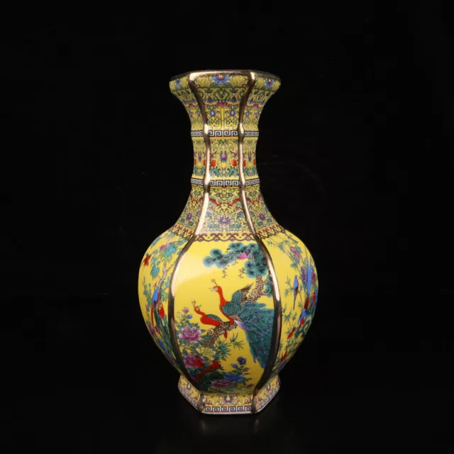 Chinese Enamel Color Porcelain Hand Painted Exquisite Flowers birds Vase yellow