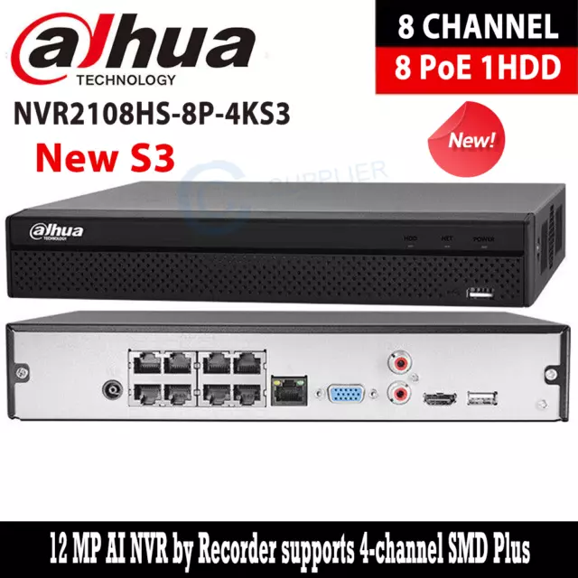 Dahua 12MP 1U 8PoE 1HDD 8CH AI Network Video NVR2108HS-8P-4KS3 6×1080p@30 fps