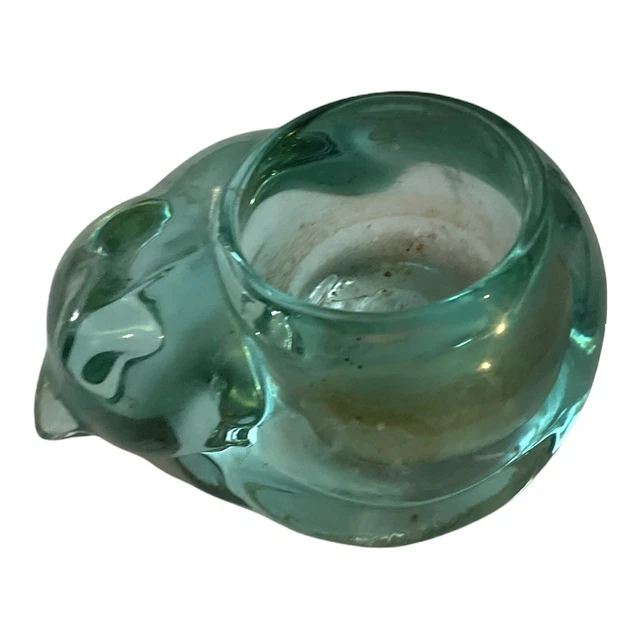 Vintage Sleeping CAT Aqua Blue Votive Candle Holder - Paperweight Indiana Glass