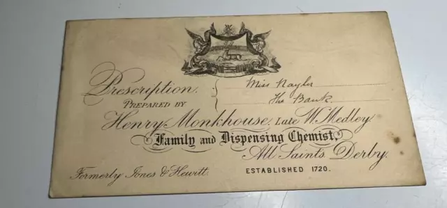 Antique  Prescription Envelope Henry Monkhouse Chemist Derby to Miss Naylor