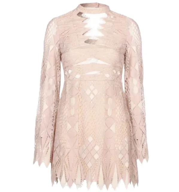 Free People Deco Lace Mini Dress Ivory Combo Bell Sleeve Cut Out Retro Gatsby 0