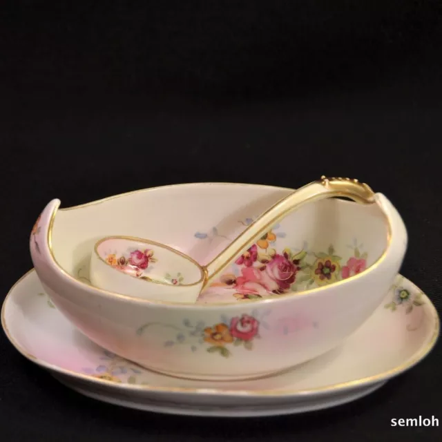 Nippon M-in-Wreath Sauce Bowl w/Ladle & Underplate Pink Floral Gold Hand Painted
