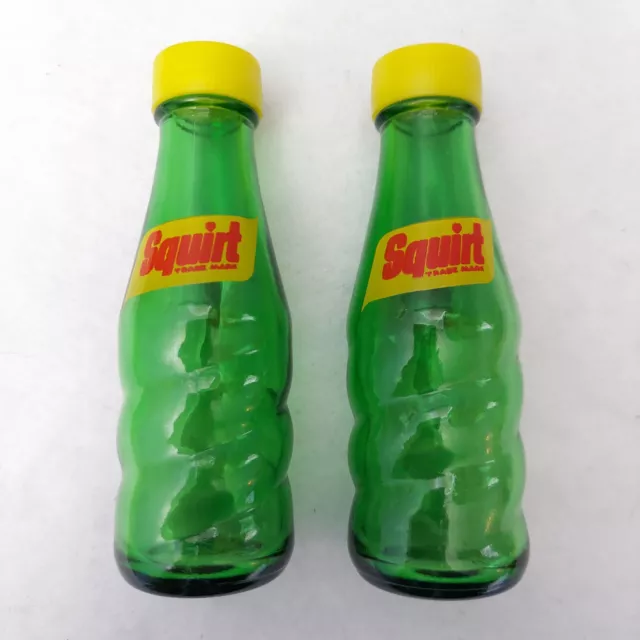 Vintage Squirt Soda Salt and Pepper Shakers, Green glass bottles, Screw Top Lid