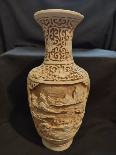 Vintage Intricately Hand Carved Resin Vase Asian Japanese Chinese Design 9 1/2"