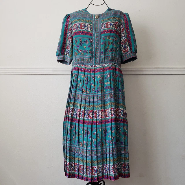 VTG 70S 80S Lady Carol Petites Size 12 14 Pleated Midi Dress Paisley Puff Sleeve