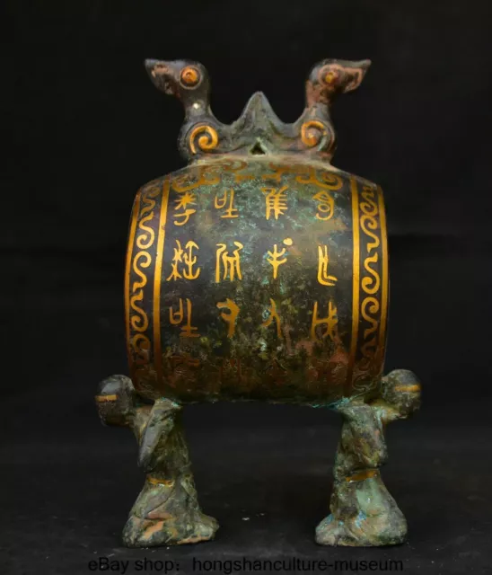 8 '' Old Chinese Bronze Ware Inlaying gold Figure Lift Drum Duck Bird Statue