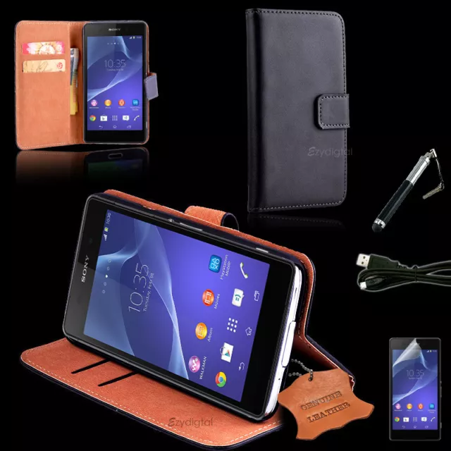 Genuine Real Leather Wallet Case for Sony Xperia Z3 + Cable+Stylus+Screen Guard