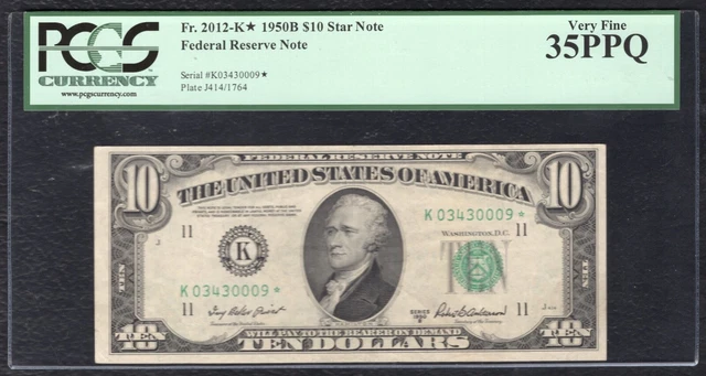 Fr. 2012-K* 1950-B $10 *Star* Frn Federal Reserve Note Dallas, Tx Pcgs Vf-35Ppq