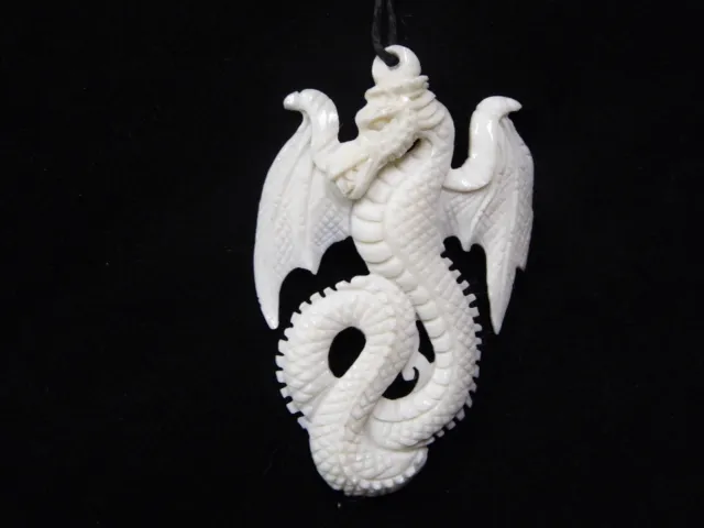 Dragon Handmade Carved Indonesian Water Buffalo Bone Pendant Amulet With Cord