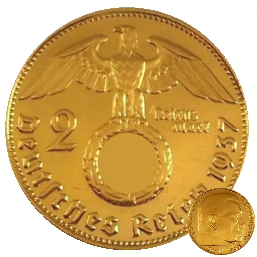 2 Reichsmark 1937 mit HK 24 Karat vergoldet RM drittes Reich Hindenburg