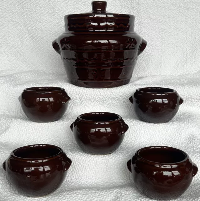 Marcrest Bean Pot And Five Little Bean Pot Style Bowls Star And Dot Pattern VGUC