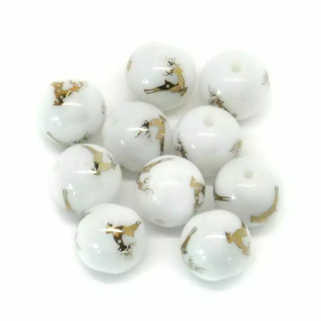 10 Reindeer Glass Beads - White- Christmas - Golden - Stag - 10mm (Dia) - P00521