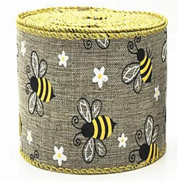 Wire Edge Bees Flower Printed Ribbon 62mm wide Burlap Hessian per Metre or Roll