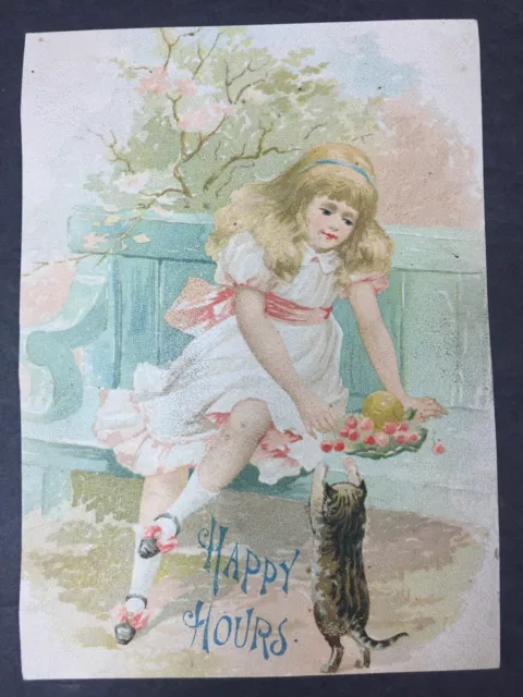 Antique 1880's Victorian Cut Out Paper Card Girl Tabby Cat Kitten Happy Hours 6"