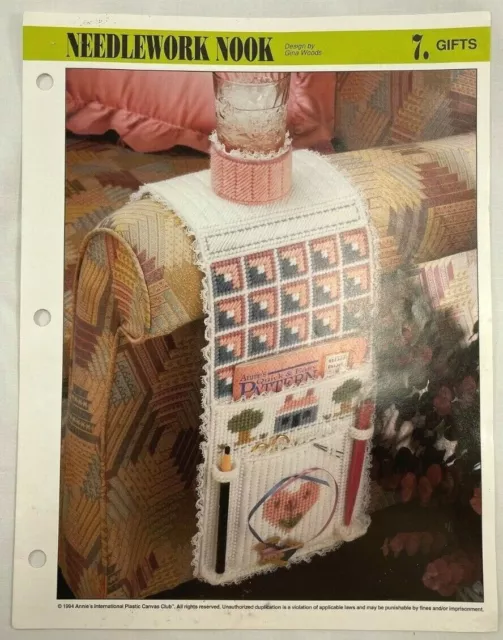 1994 Annie's Needlework silla rincón brazo caddy plástico lona patrón vintage 8633