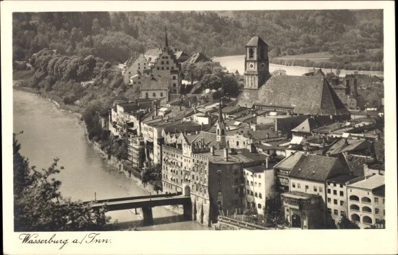 Ak Wasserburg am Inn in Oberbayern, Panorama, Brücke, Kirche - 3465309