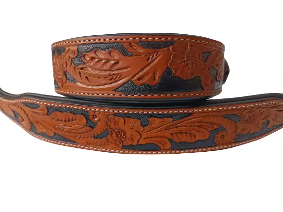 Shwaan Floral Genuine Tooled Leather Dog Collar L19"-23"  Handmade