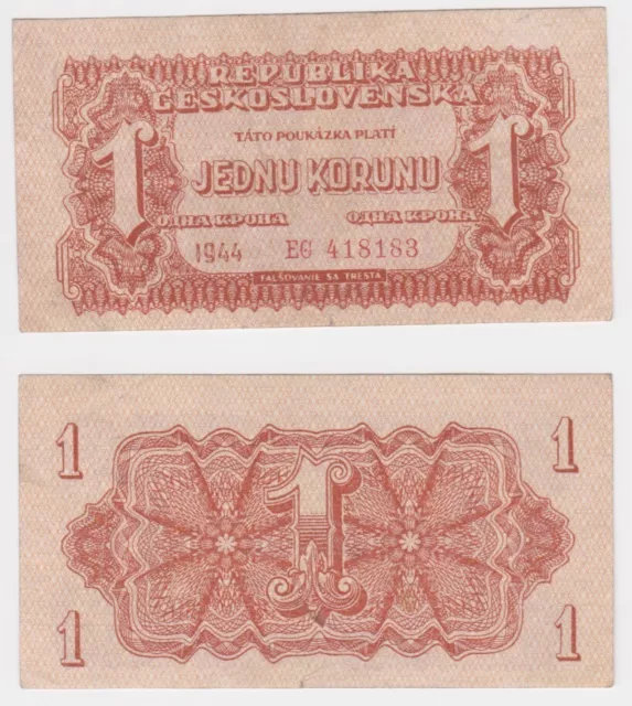 1 Krone Banknote Tschechoslowakei Československá 1944 Pick 45 (122790)
