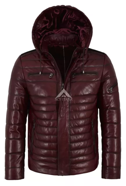 Men's Puffer Hooded Lambskin Leather Jacket Cherry Real Napa Fully Quilted 2006