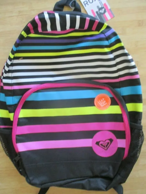 NEW ROXY BACKPACK BOOK SCHOOL STUDENT Laptop Tablet Pouch BAG Black Pink Stripes