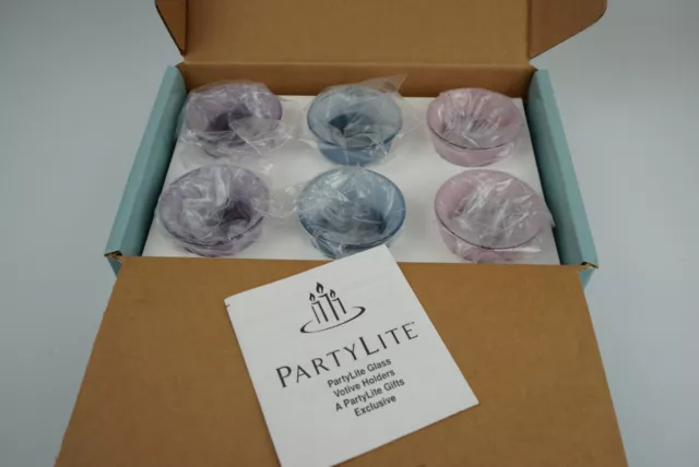 NIB PARTYLITE Pastels P7299 Blue Purple & Pink 6 Frosted Glass Votive Cups
