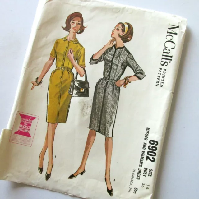 McCalls 6902 Dress Pattern Shirtwaist Button Front Fitted Preppy Size 16 UC 60s
