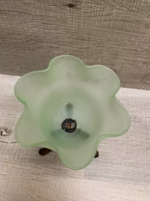 Vintage Candleholder Glass Cast Iron 3 Footed Frosted Green Tulip 2