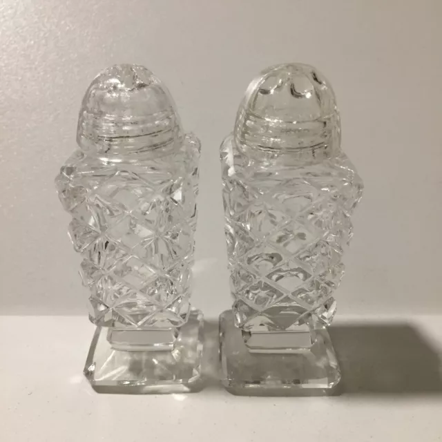 Diamond Crystal Cut Glass Salt & Pepper Shakers Pedestal Base Glass Tops