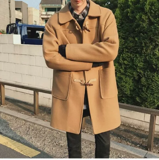 Mens Winter Trench Coat Lapel Pocket Button Wool Long Parkas Long Jacket Outwear