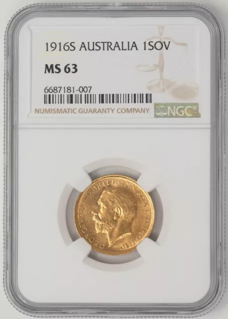 1916S Australia Gold 1 Sovereign .2354 AGW MS63 NGC 947882-3