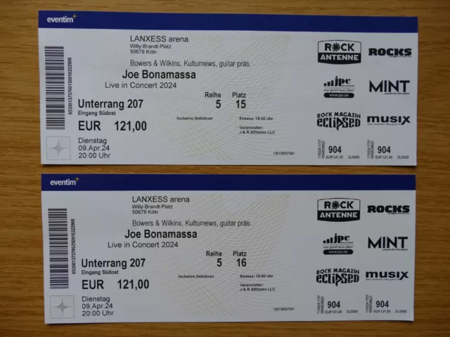 Joe Bonamassa 09.04 Konzertkarten 2 Tickets Live in Köln Lanxess Arena