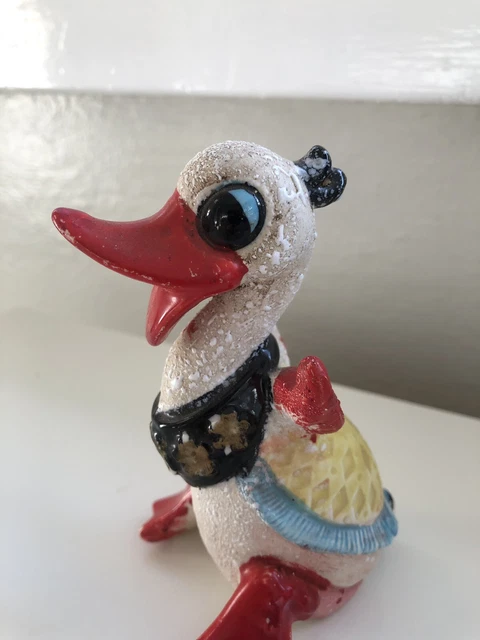 RARE Vintage Antique Duck Figurine - Made In Japan - Unique Red Bill Textured