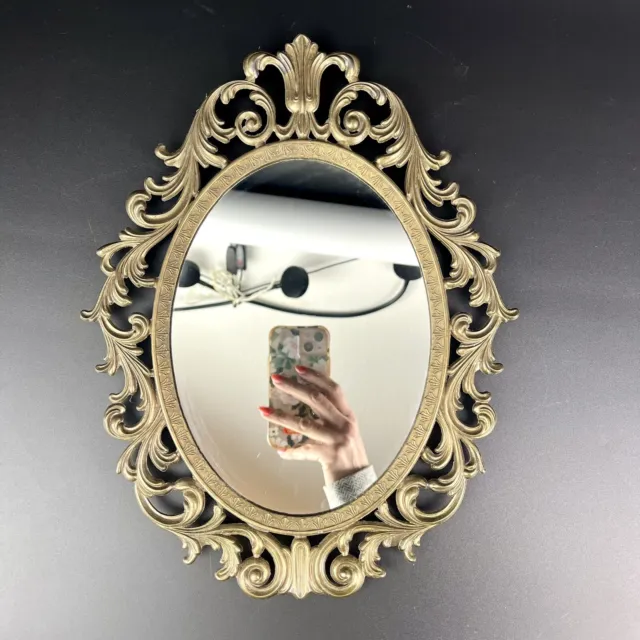 Vtg Ornate Oval Brass-tone Metal Mirror Italy Hollywood Regency Picture Frame