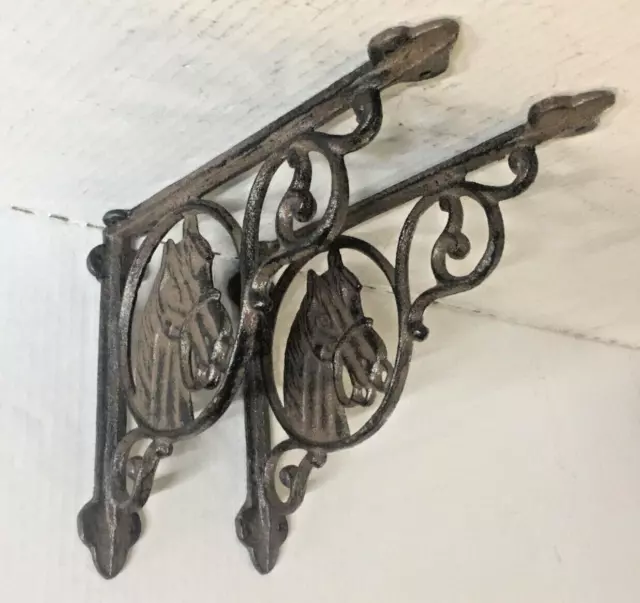 SET OF 2 HORSE HEAD SHELF BRACKET/BRACE, Antique Rustic Brown patina cast iron